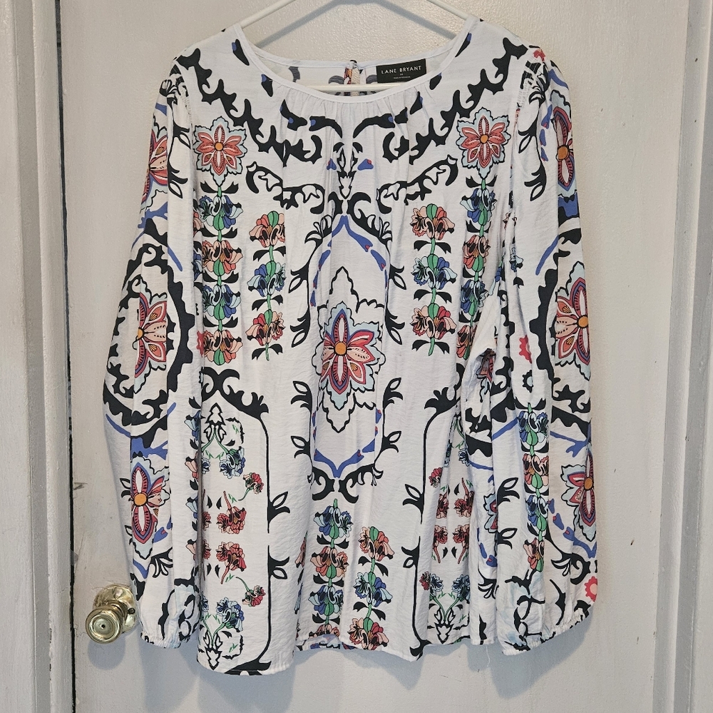 Lane Bryant Abstract Bohemian Long Sleeve Peasant Top Blouse